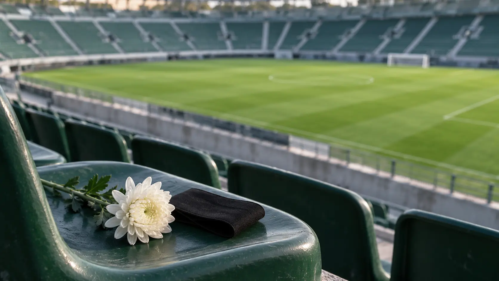 White flower and black armband on a seat in an empty football stadium