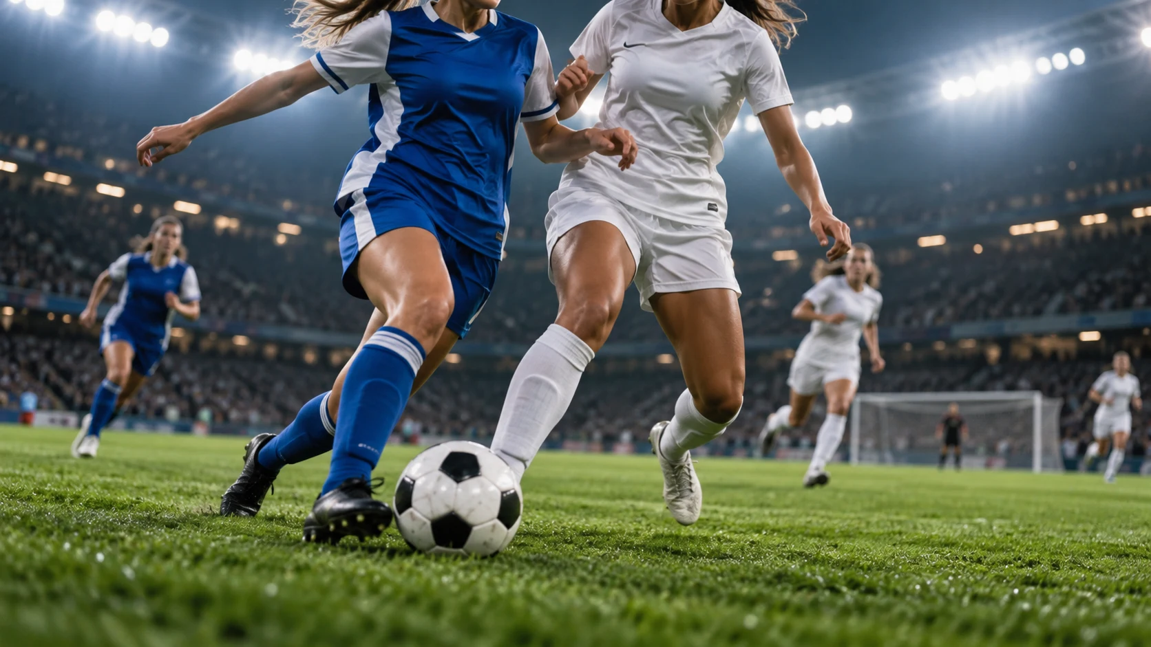 Women playing football in blue-and-white and white kits