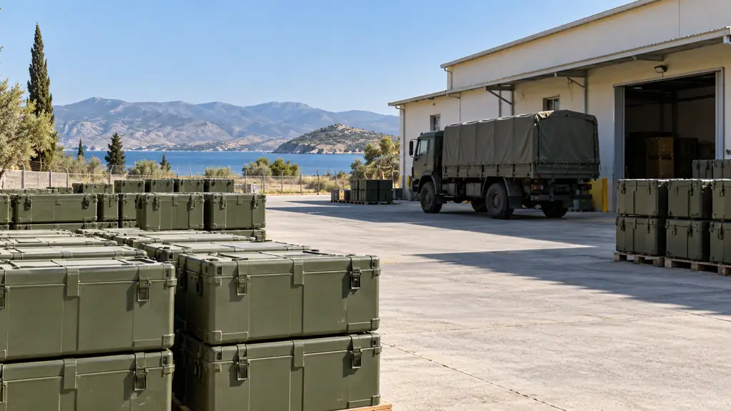 Empty logistics yard with supply crates and a utility vehicle beside a warehouse
