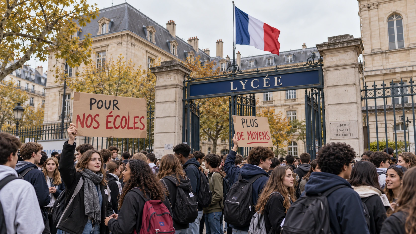 Student protest outside a French lycée with a French flag and placards