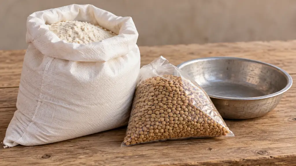 Flour sack, bag of lentils and empty metal bowl on a wooden table