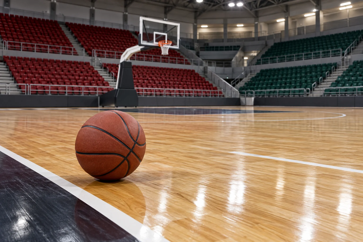 Basketball on the wooden floor of an empty indoor court
