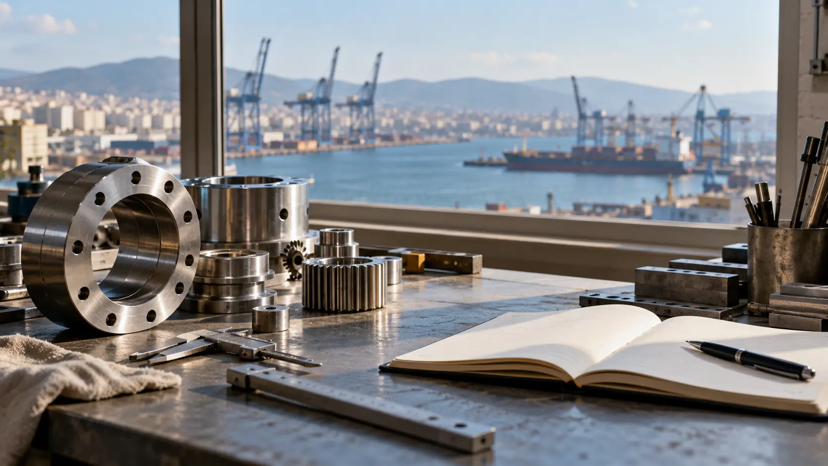 Metal components and an open notebook in a workshop overlooking a harbour