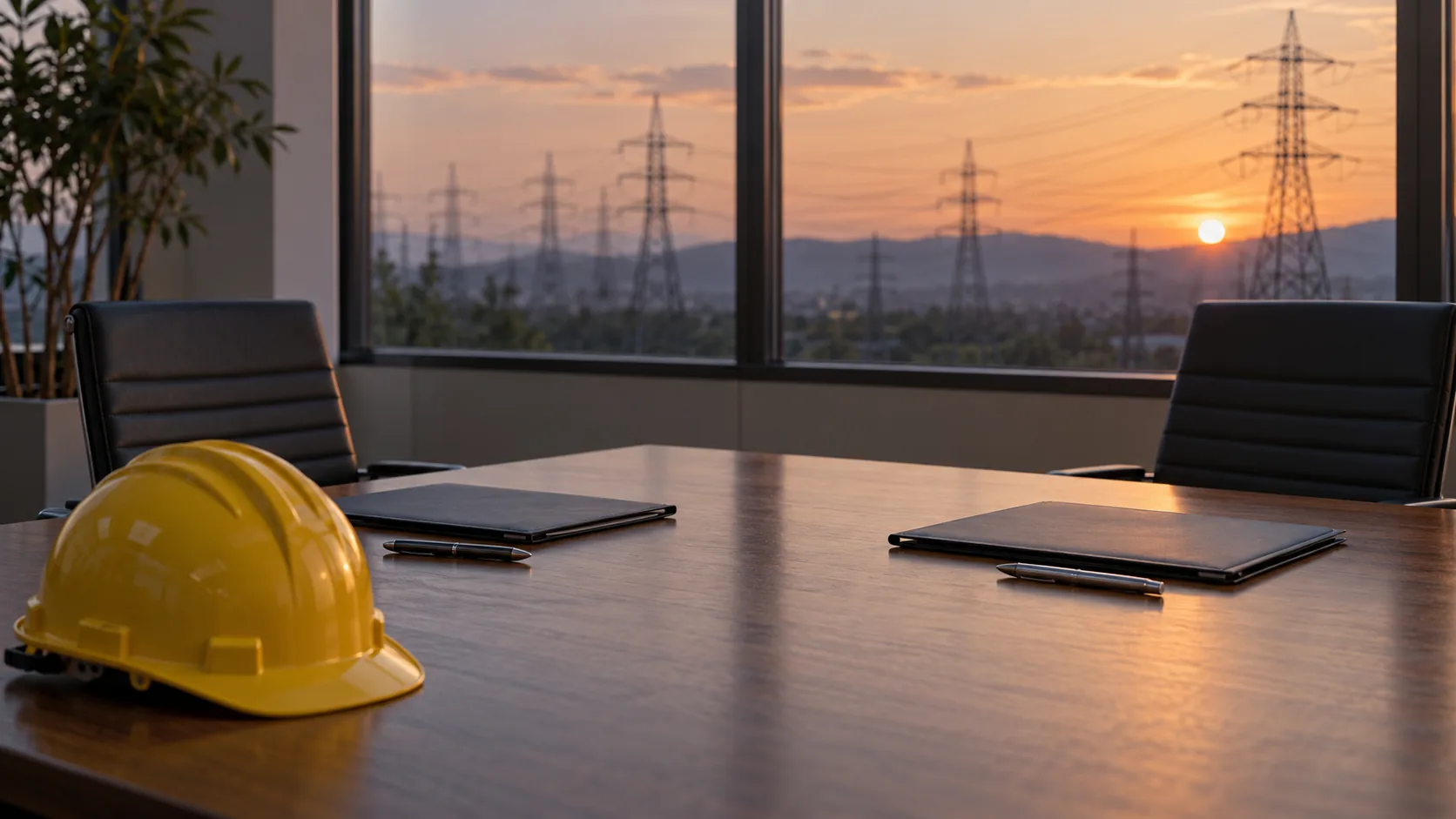 Empty seats around a meeting table, closed folders and a safety helmet, with electricity pylons in the background