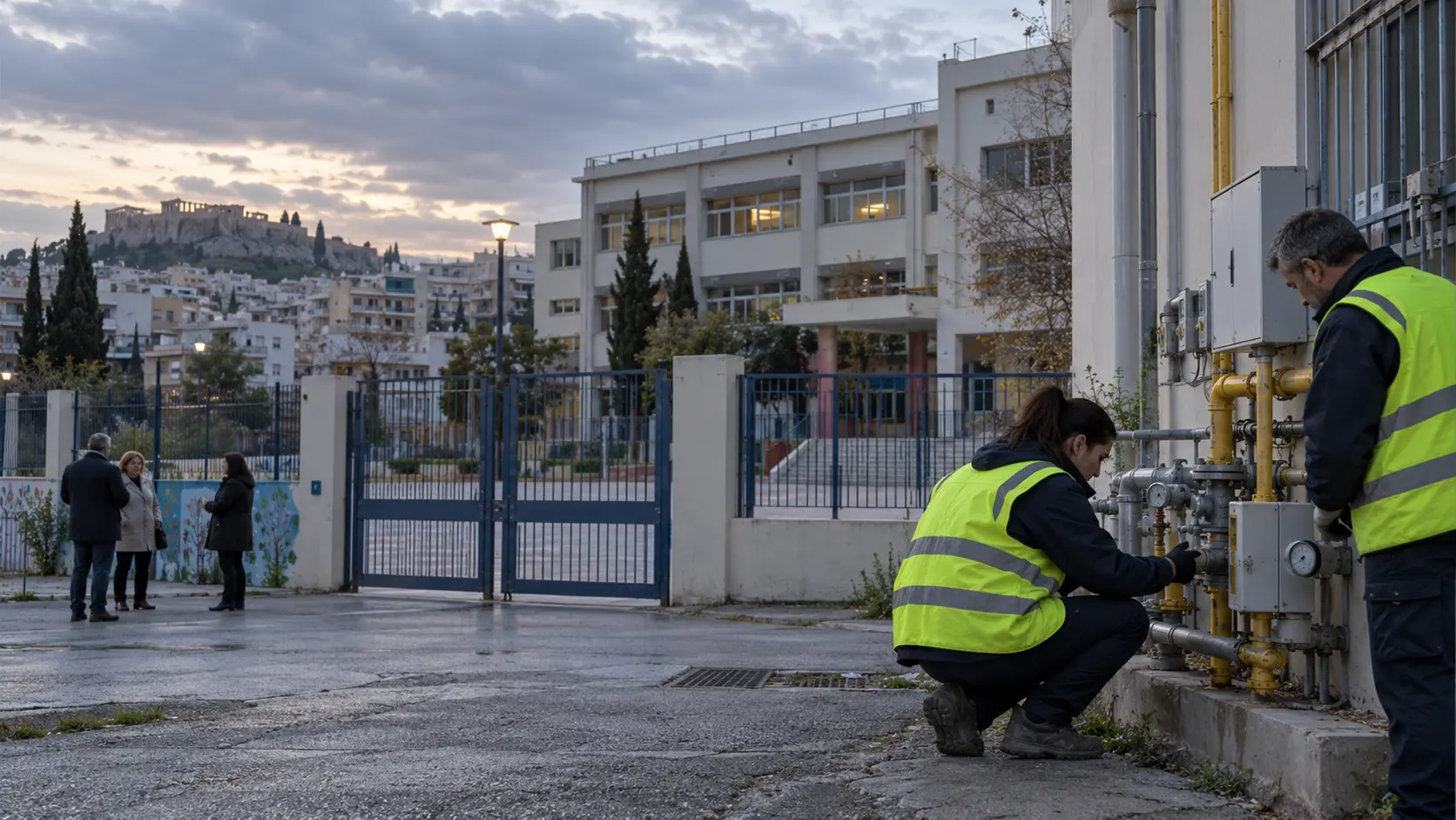 Technicians inspecting a gas installation outside a closed school complex