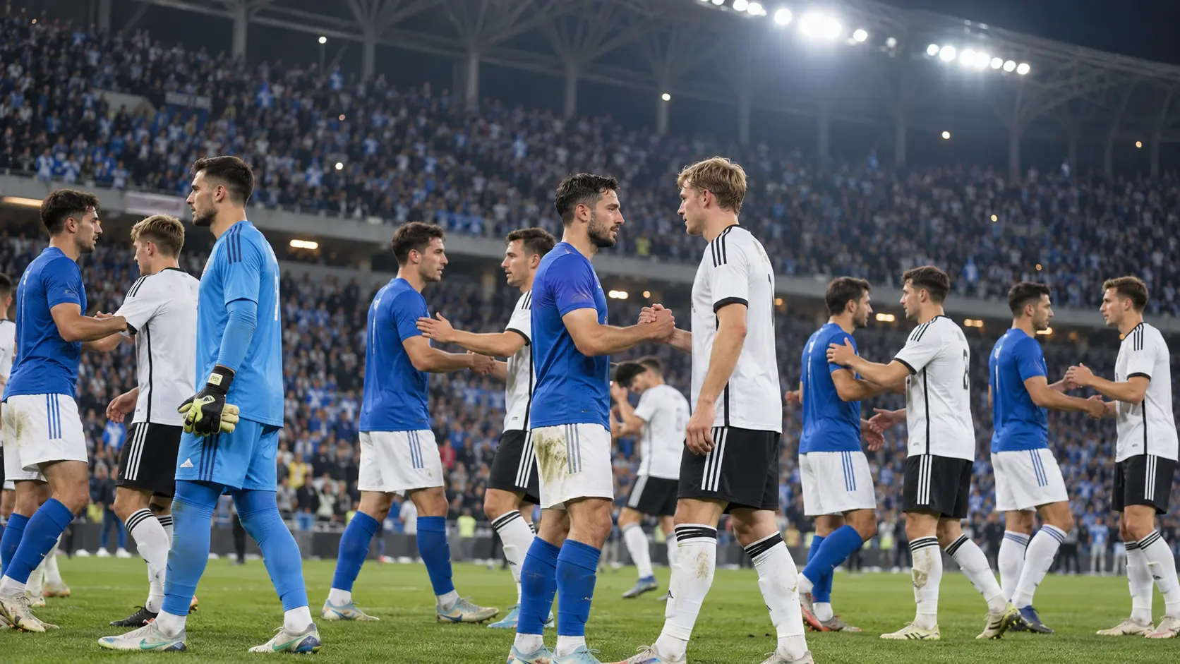 Players in blue-and-white and black-and-white kits shake hands after a football match