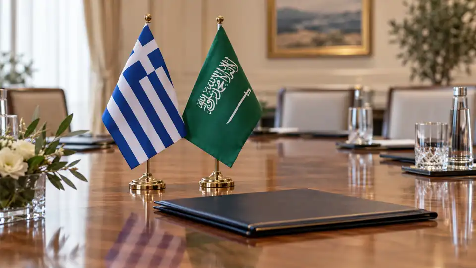 Greek and Saudi Arabian desk flags beside a closed diplomatic folder