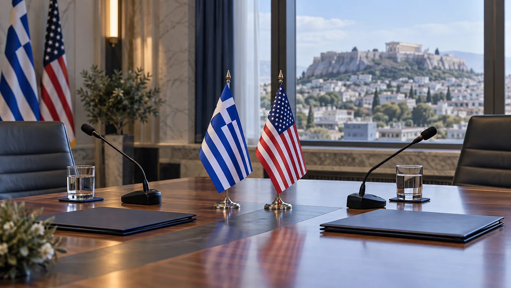 Greek and US flags beside microphones in an empty meeting room
