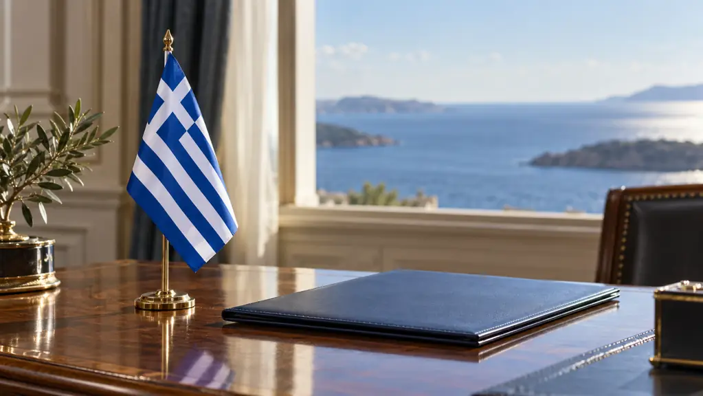 Greek flag and closed document folder on a desk overlooking the sea