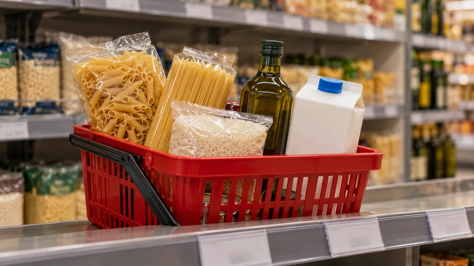 A basket of packaged staple foods in a supermarket
