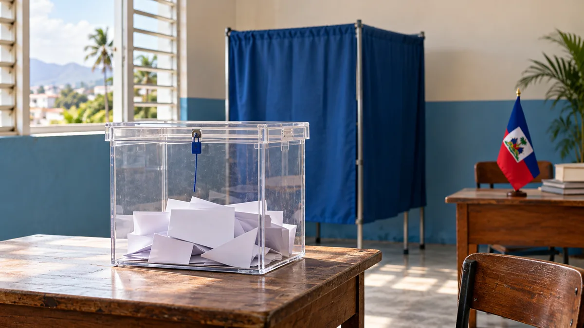 Ballot box and privacy screen in an empty polling room with a Haitian flag