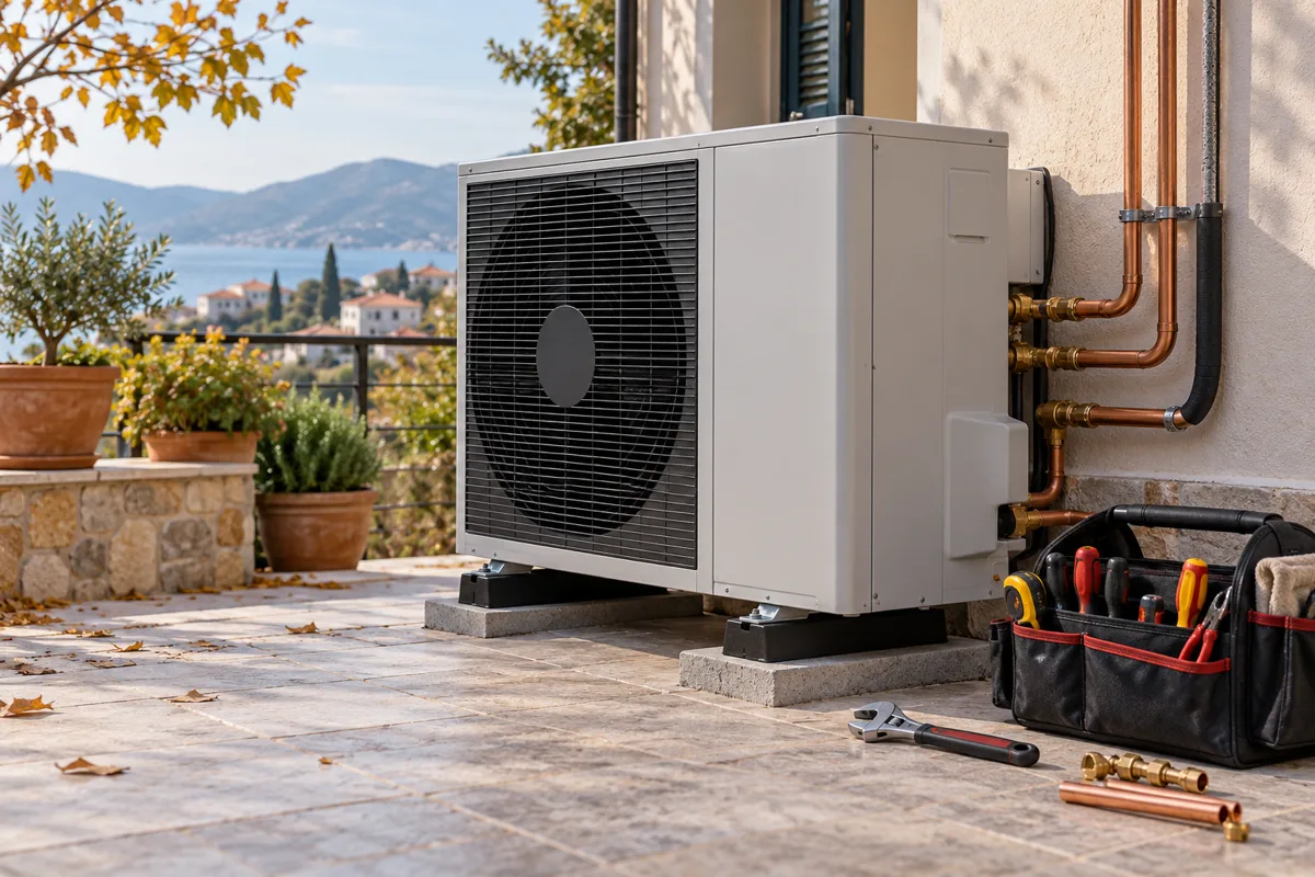 Outdoor heat-pump unit on a residential terrace with installation tools