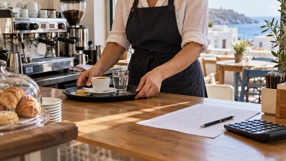 A café worker holding a tray beside a work-record sheet and a calculator