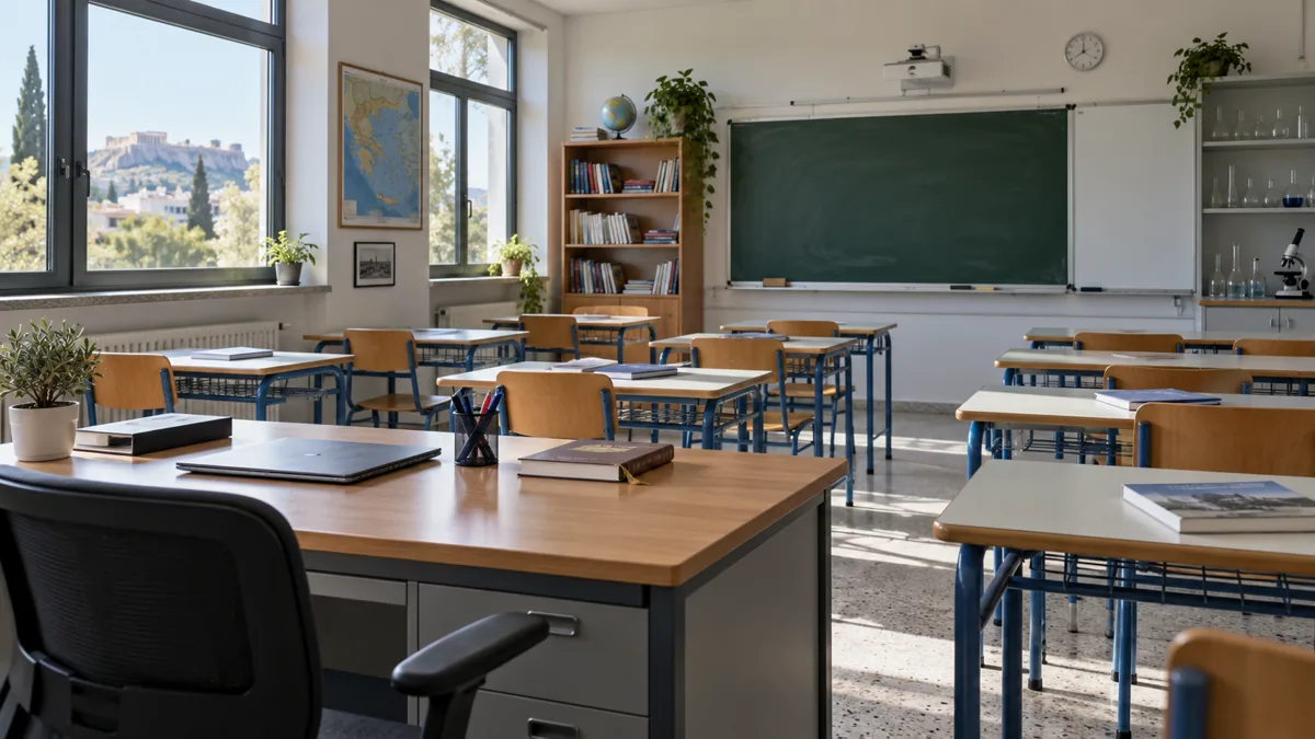 Empty classroom with a teacher’s desk and books