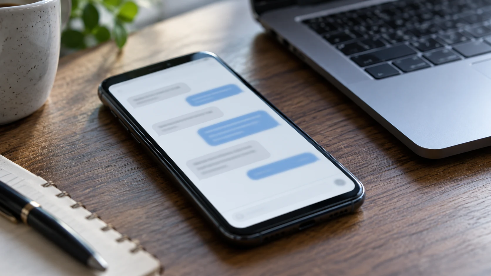 A smartphone with unreadable messages beside a computer