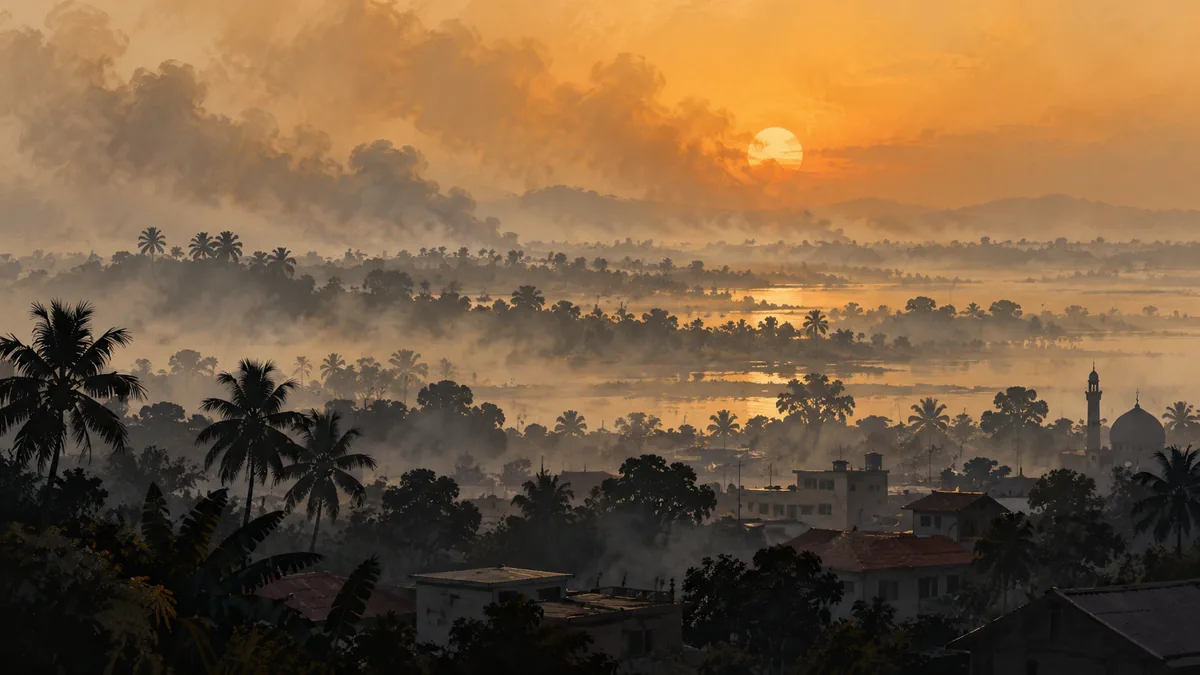 Painted illustration of a tropical landscape and settlement in thick haze