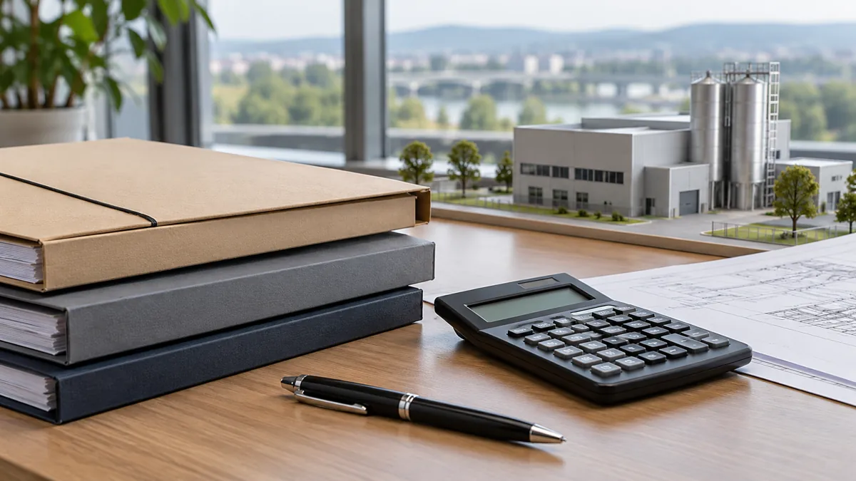 Investment folders and a calculator beside an industrial building model