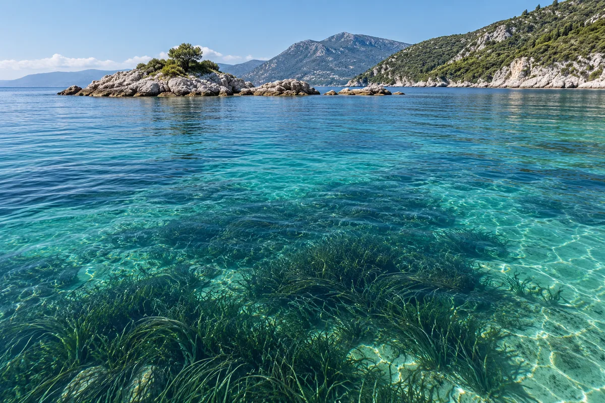 Clear water, underwater vegetation and low islets in the Ionian Sea