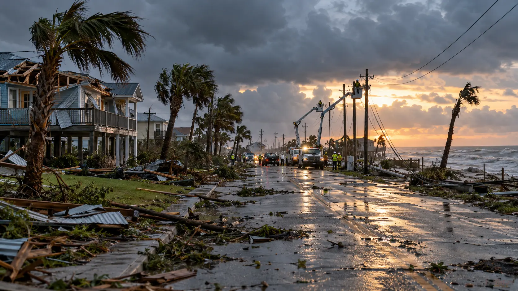 Coastal neighbourhood after a hurricane with utility crews restoring the power network