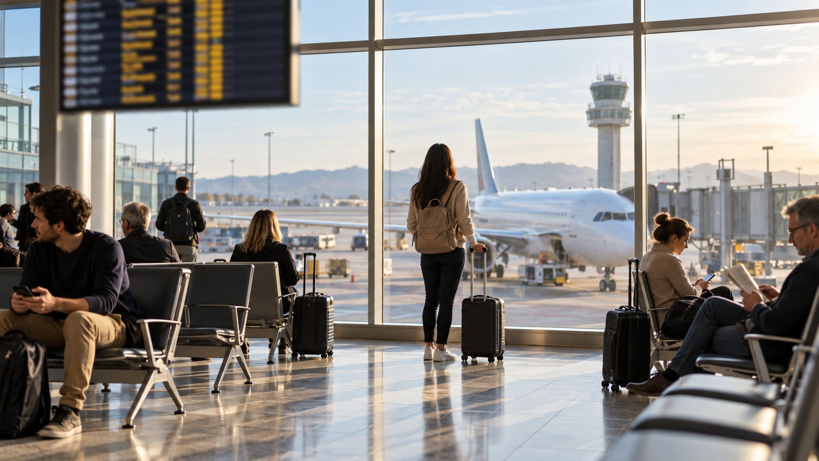 Passengers with luggage waiting in an airport terminal, with an aircraft and control tower outside
