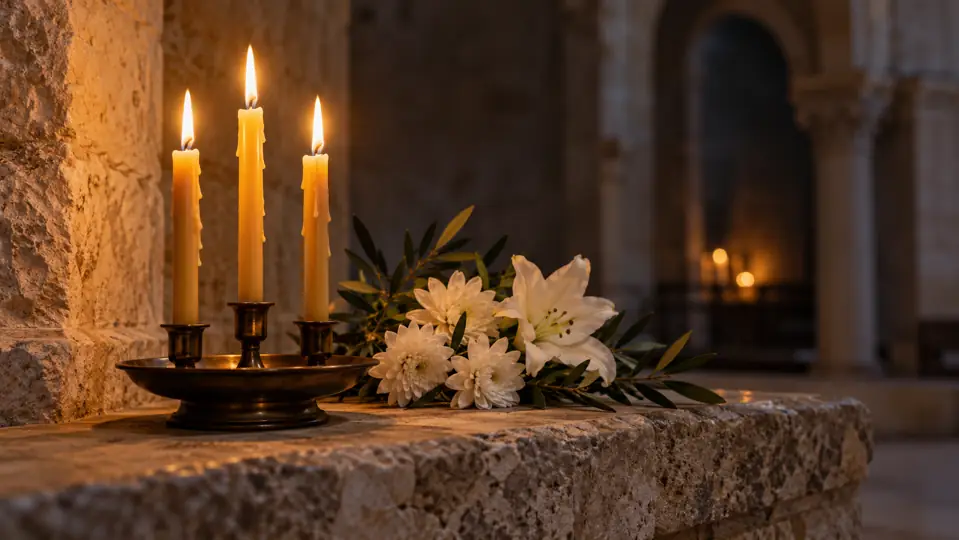 Lit candles and white flowers on a stone ledge
