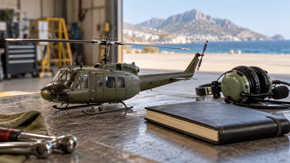 Small military helicopter model, headset and closed flight log on a workbench