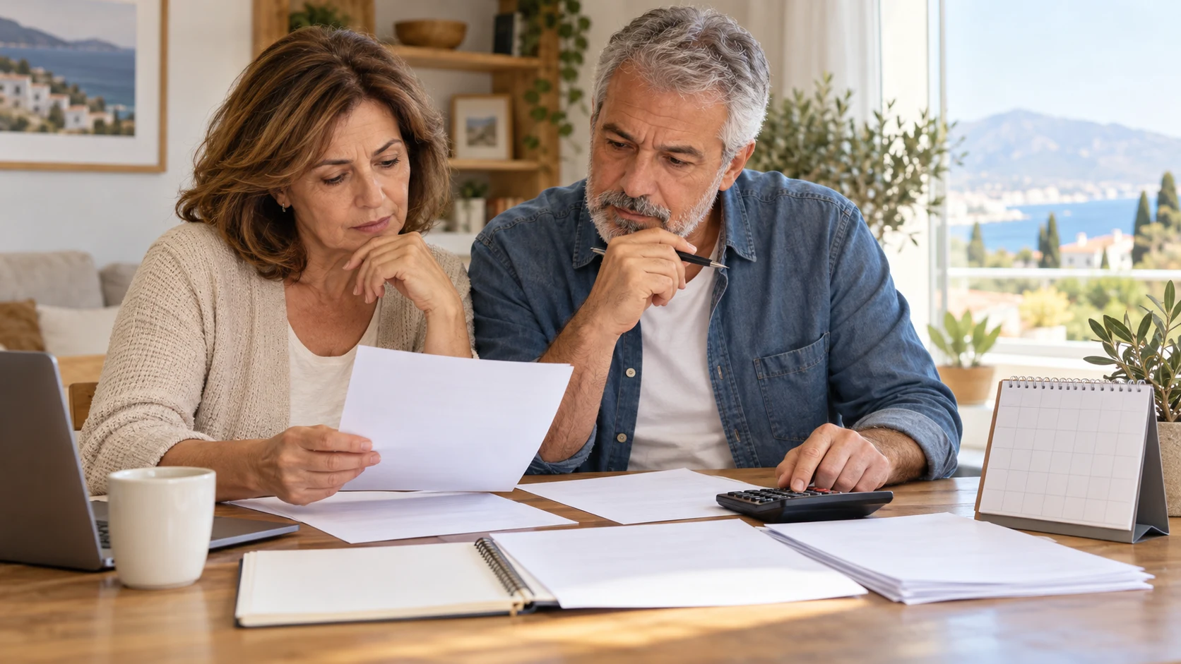 Mature couple checking paperwork and a calculator for retirement planning