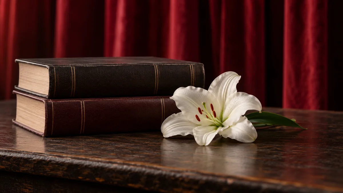A white flower beside books in front of a red theatre curtain