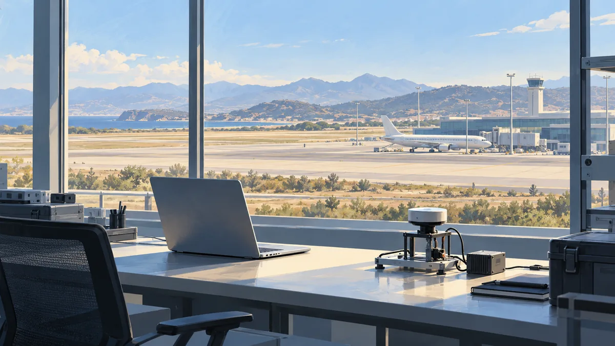 Illustration of a technology research workspace overlooking an airport