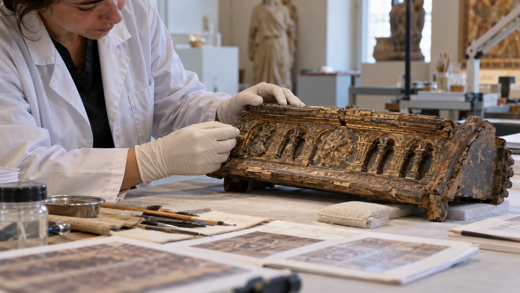 Conservator examining a historic carved wooden ecclesiastical object in a museum workshop