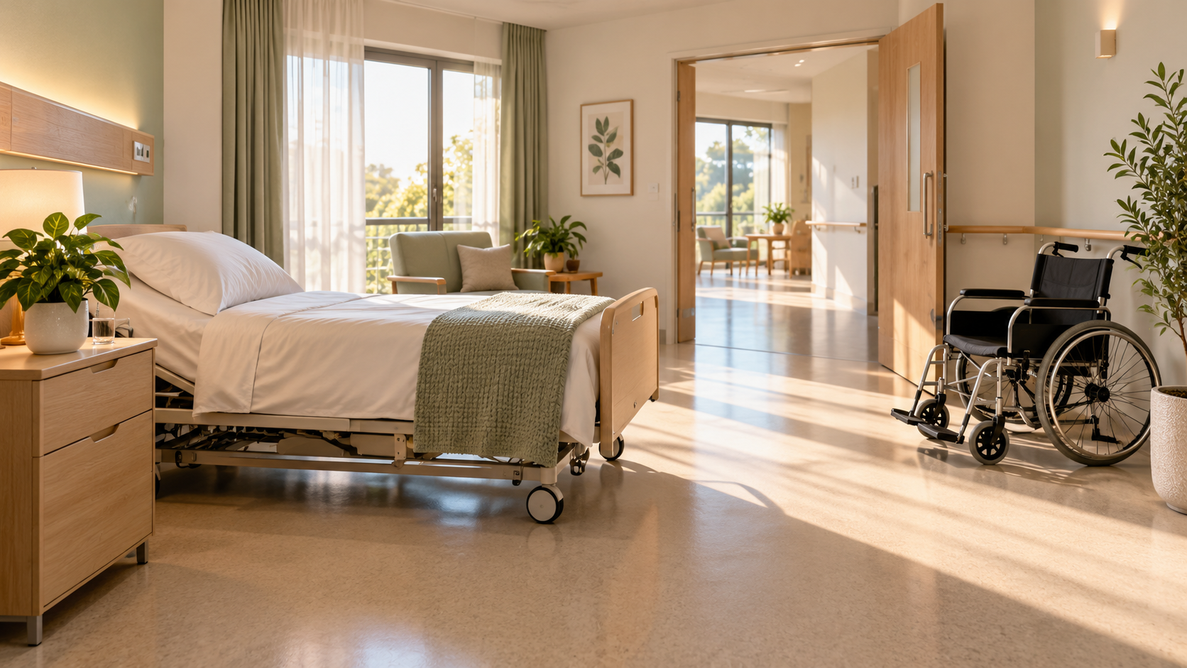 Accessible care room with a bed, wheelchair and wide doorway
