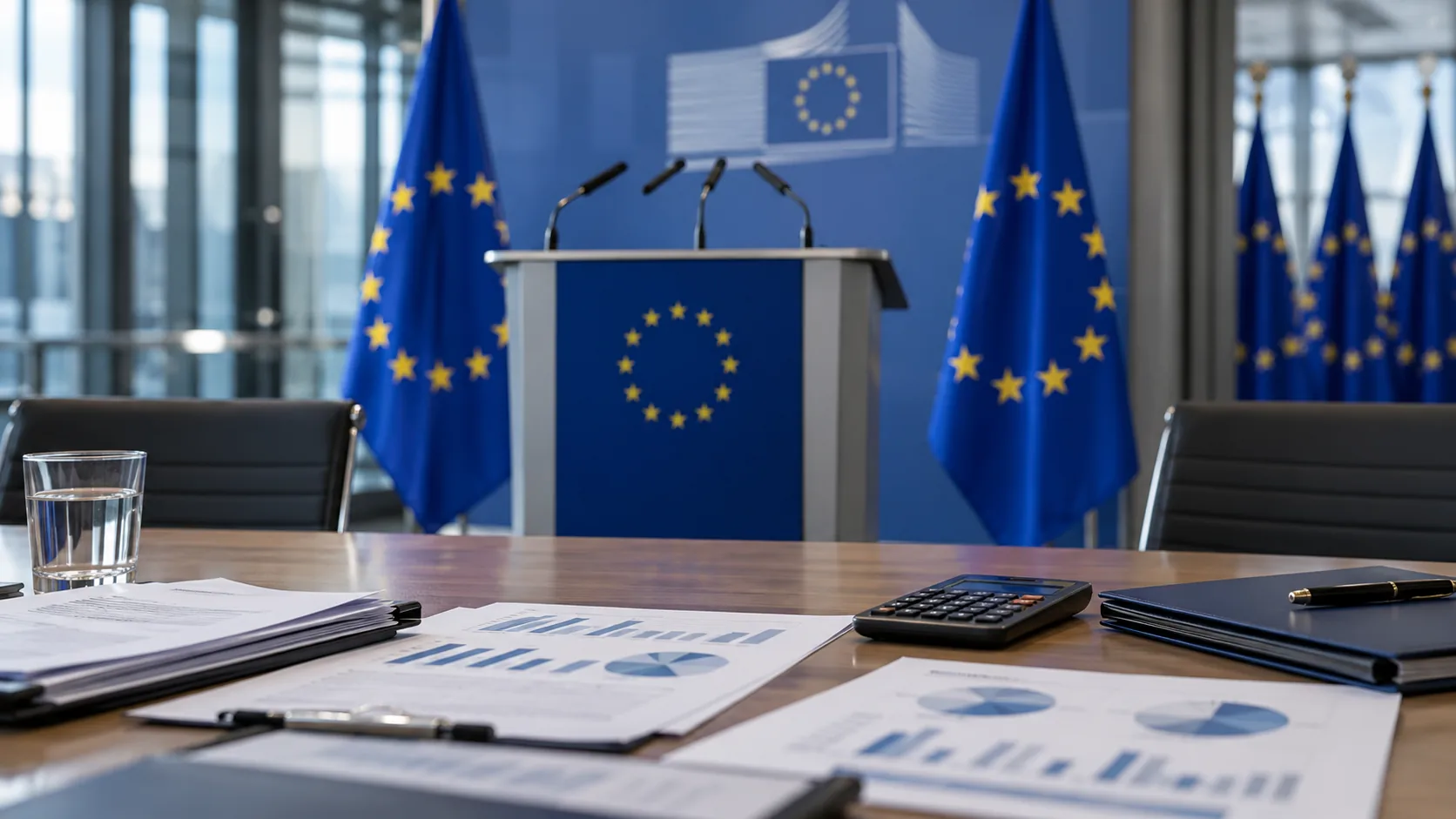 European briefing room with EU flags and budget documents