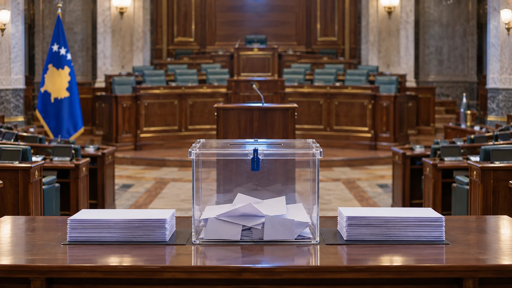 Ballot box and voting papers in a parliamentary chamber with the Kosovo flag