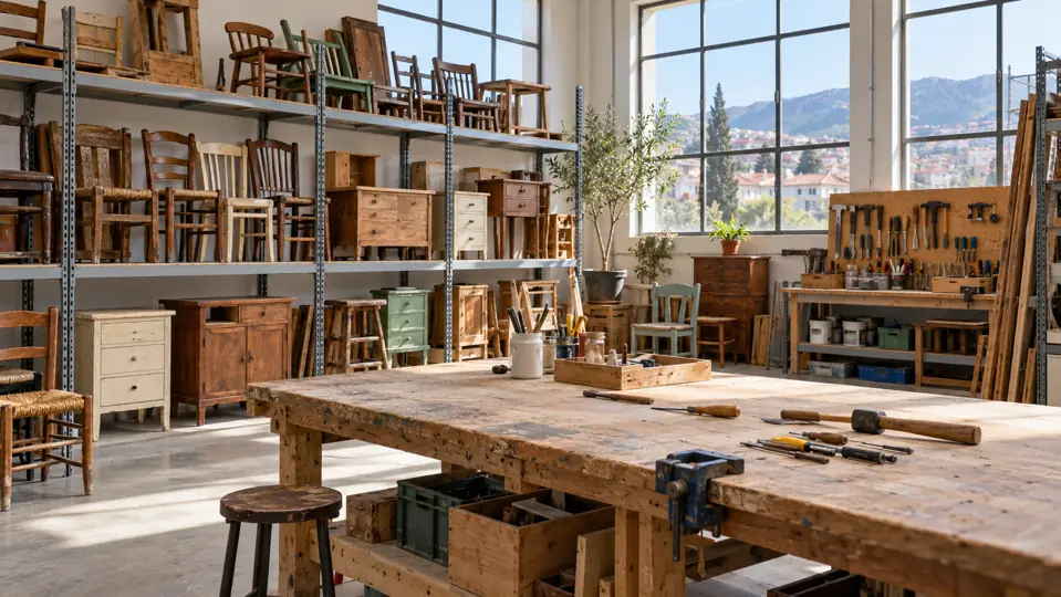 A workbench and shelves of wooden furniture in a repair and reuse workshop