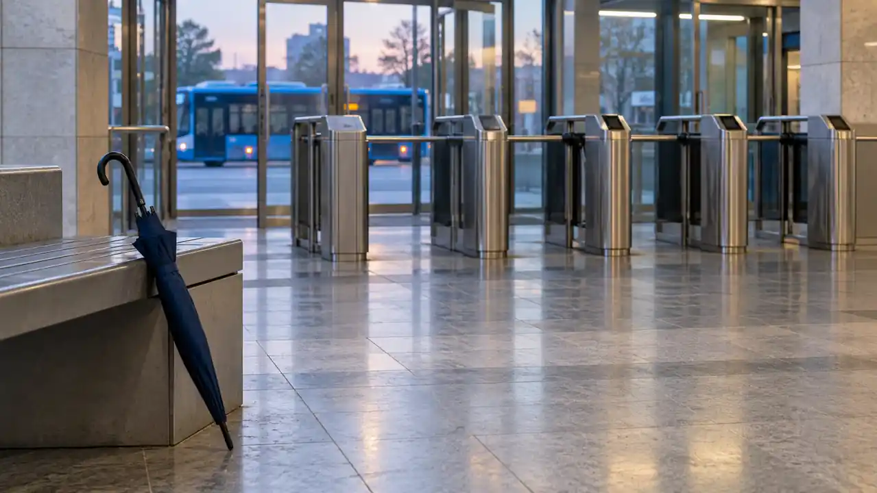 Closed blue umbrella beside a bench and metro gates, with a blue bus outside the glass doors at dawn