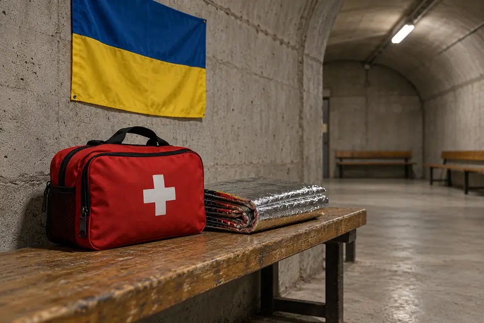 First-aid bag and emergency blankets in an underground shelter with a Ukrainian flag