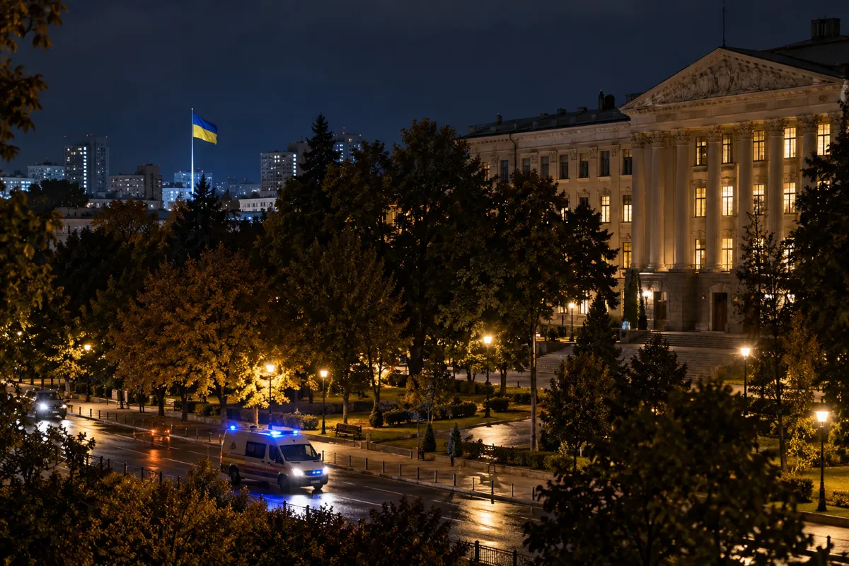 Ukrainian flag, university building and emergency vehicle in a nighttime urban setting