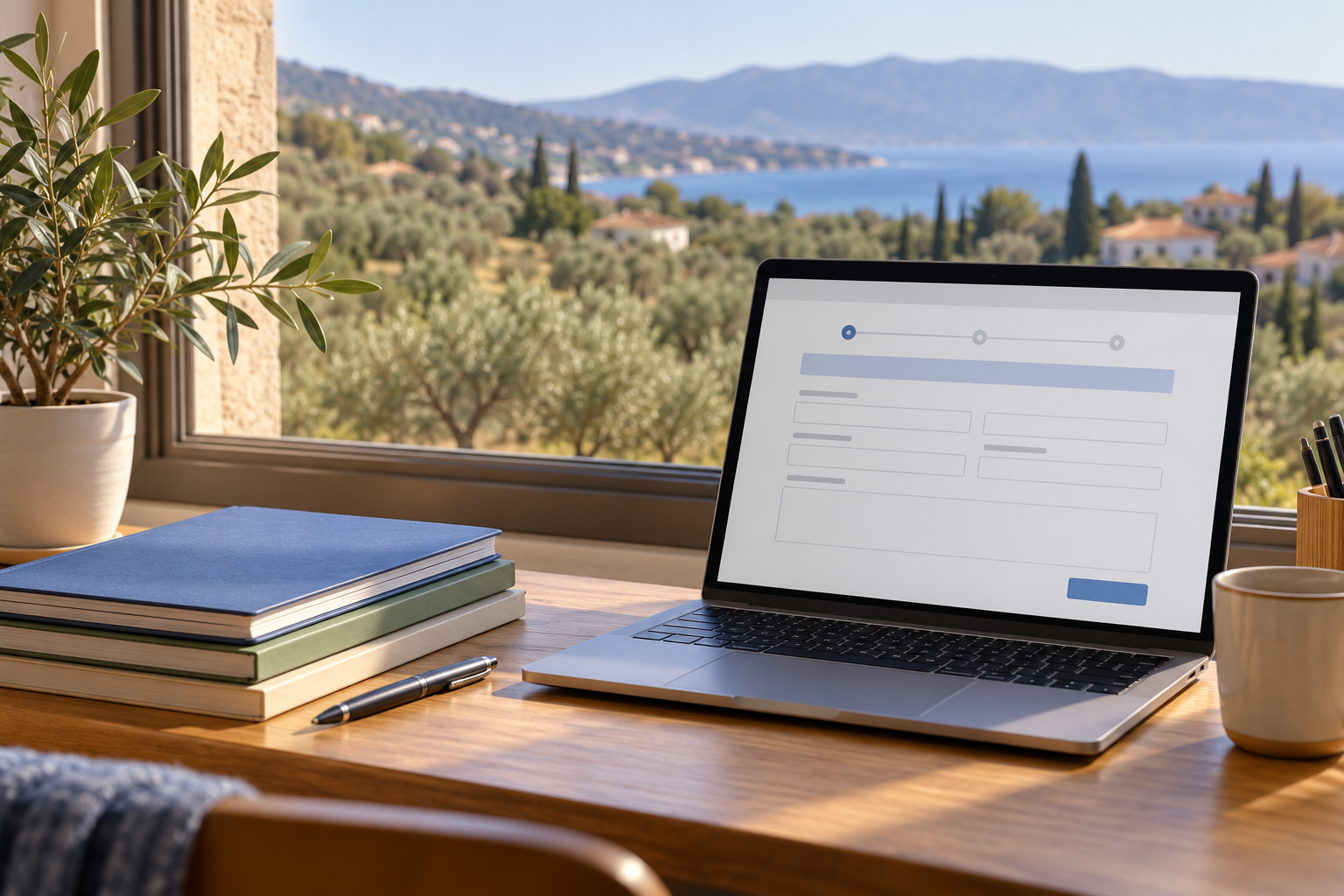Desk with notebooks and a laptop beside a window overlooking an olive grove