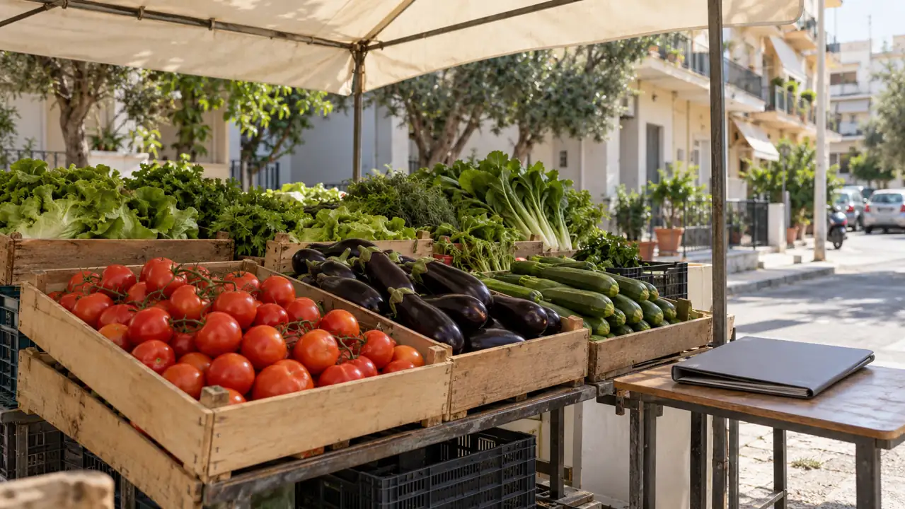 Open-air market stall with crates of vegetables and a closed folder before opening
