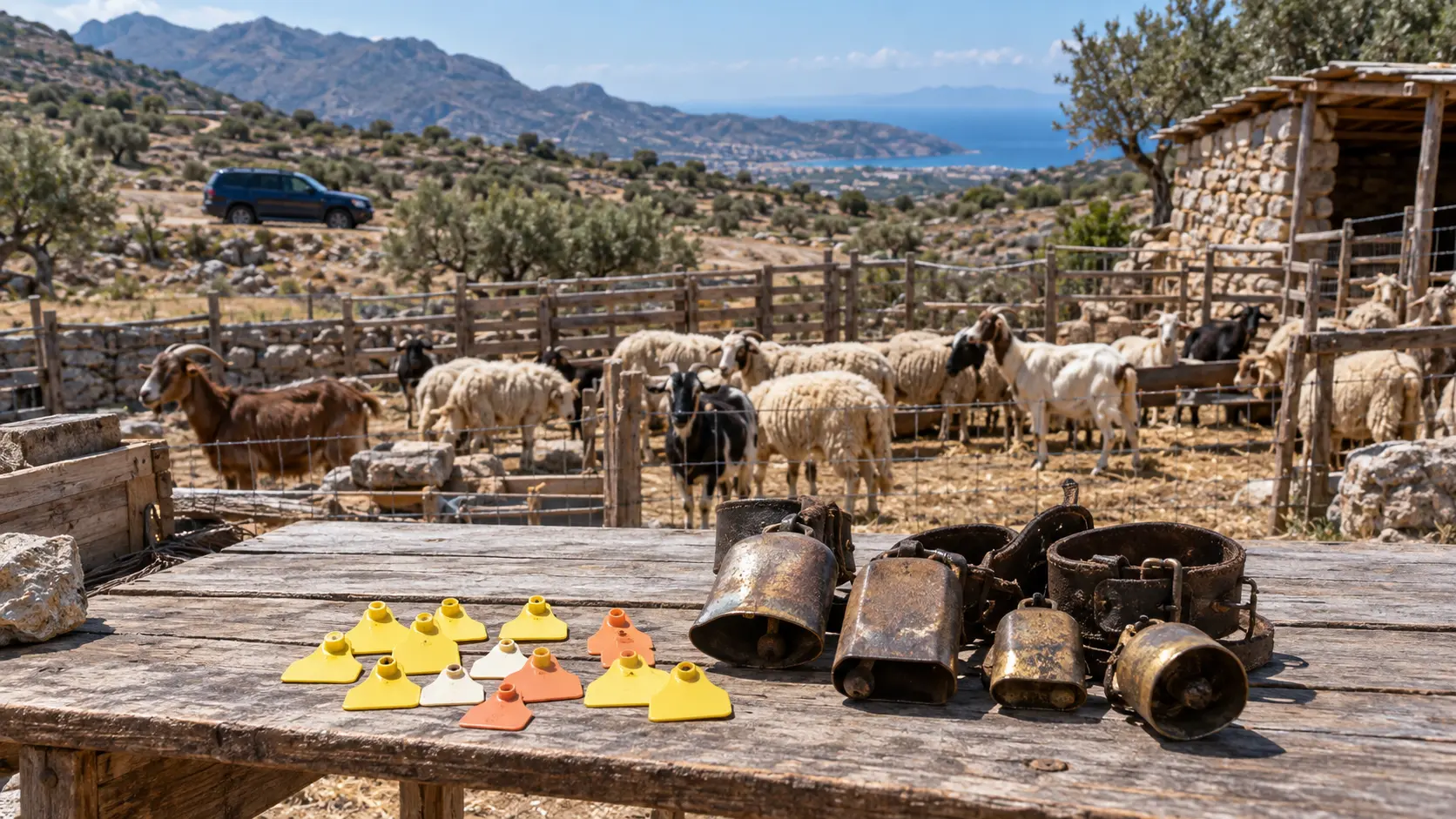 Sheep and goats at a Cretan pen, with livestock ear tags and bells on a table