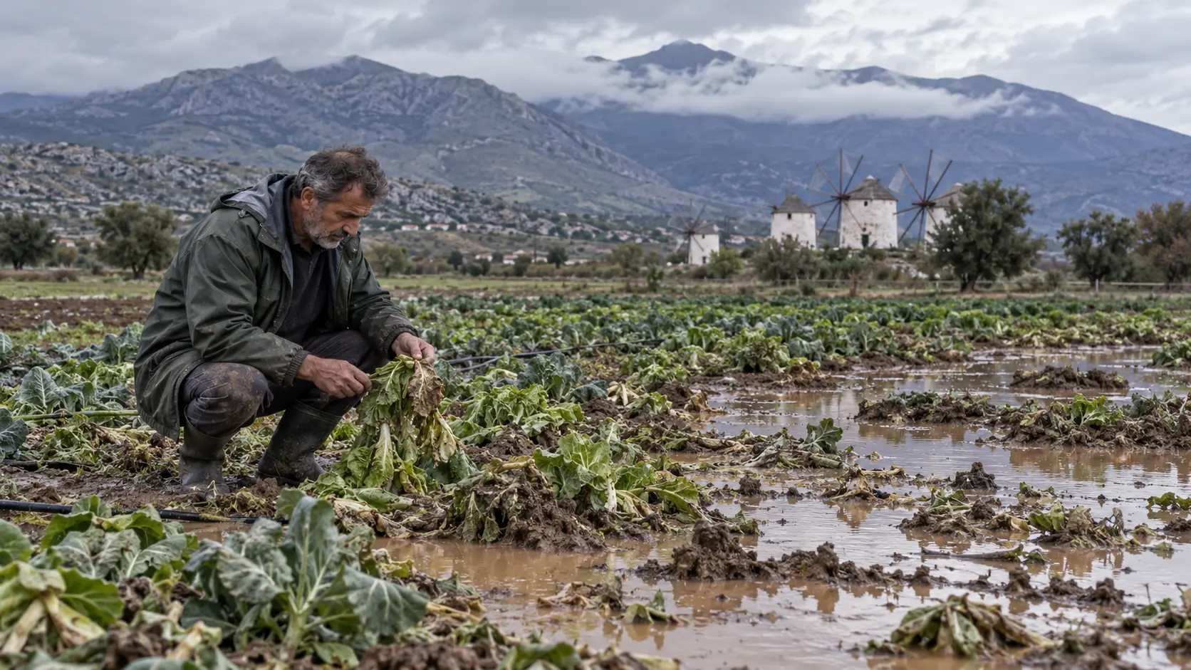 A farmer inspects a flooded crop on the Lasithi Plateau after heavy rain