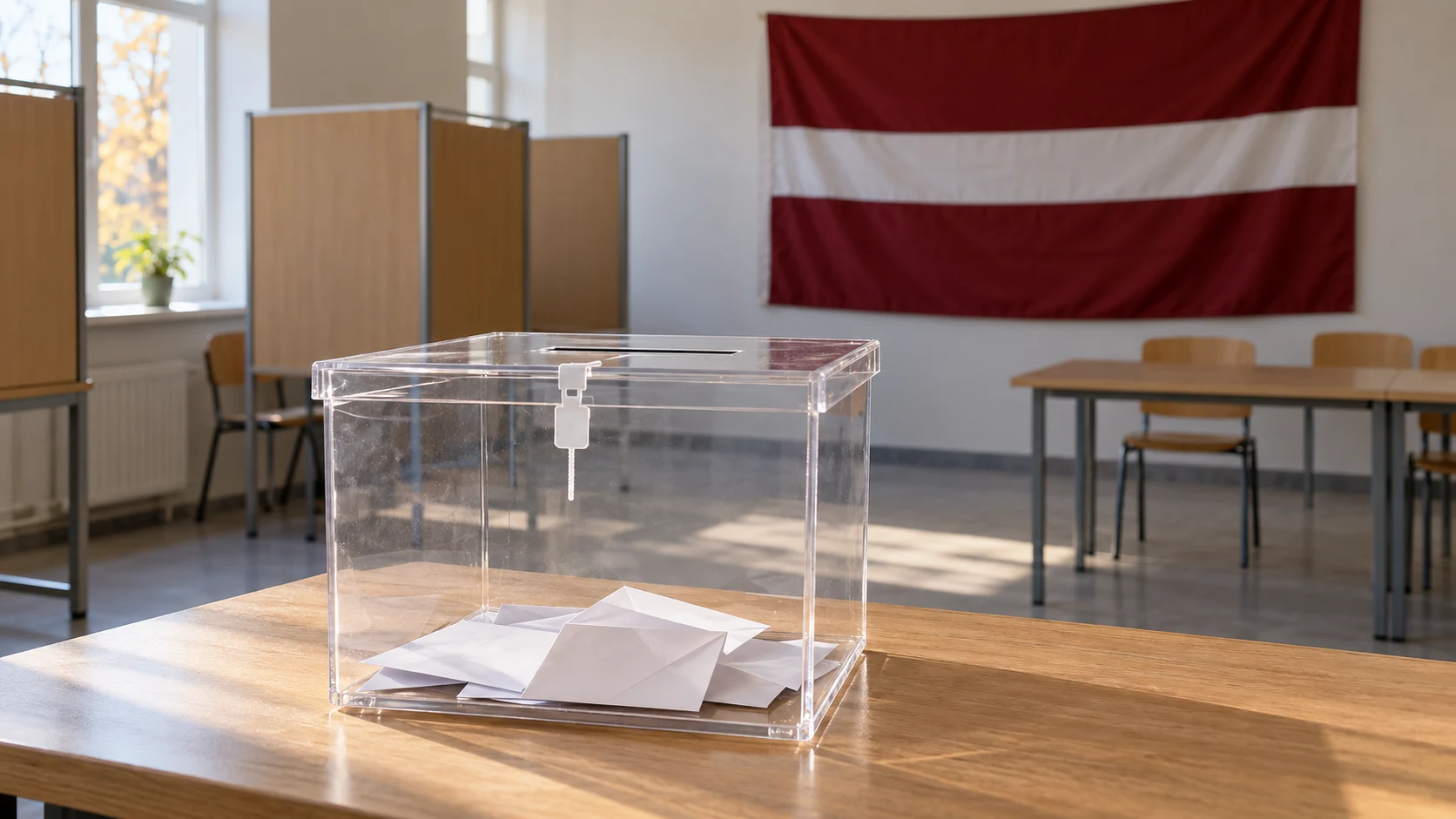 A ballot box and envelopes in a polling room with the Latvian flag in the background