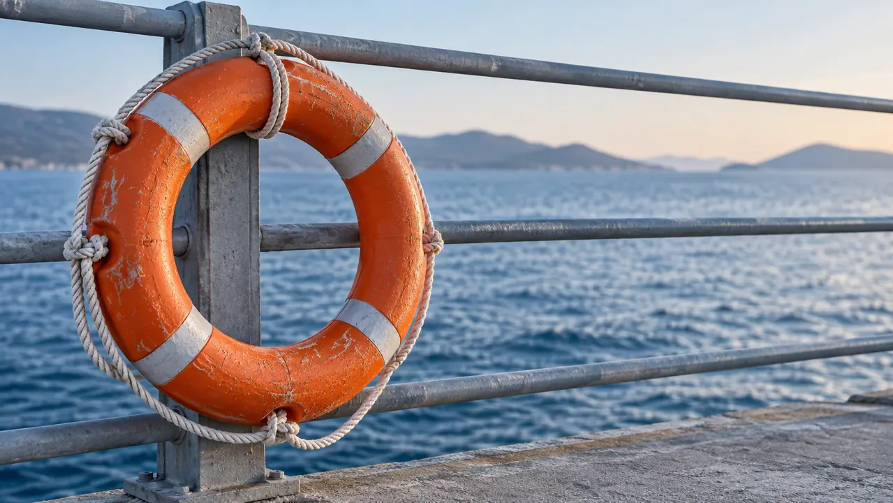 Orange lifebuoy with white rope on an empty harbour railing, with the sea behind it