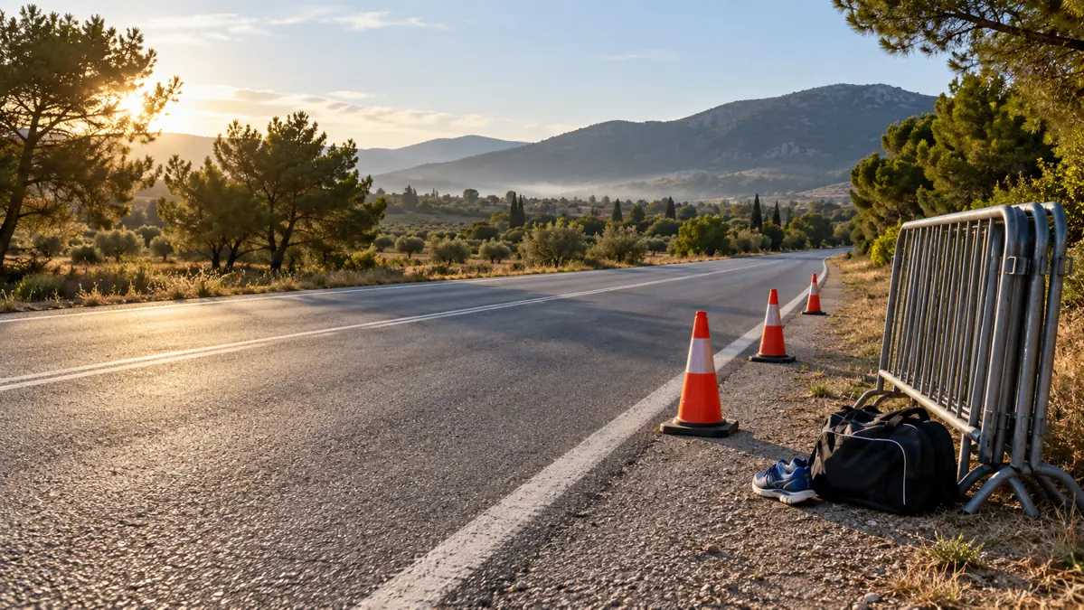 Cones and a metal barrier beside an empty road in a rural Attica landscape