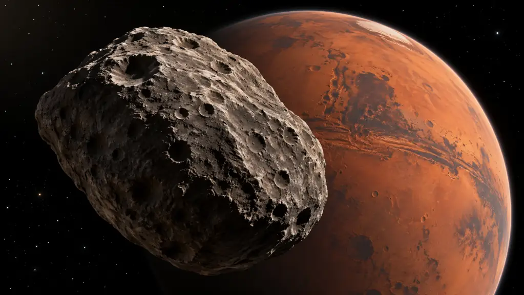 Illustration of a rocky moon with the red disk of Mars in the background