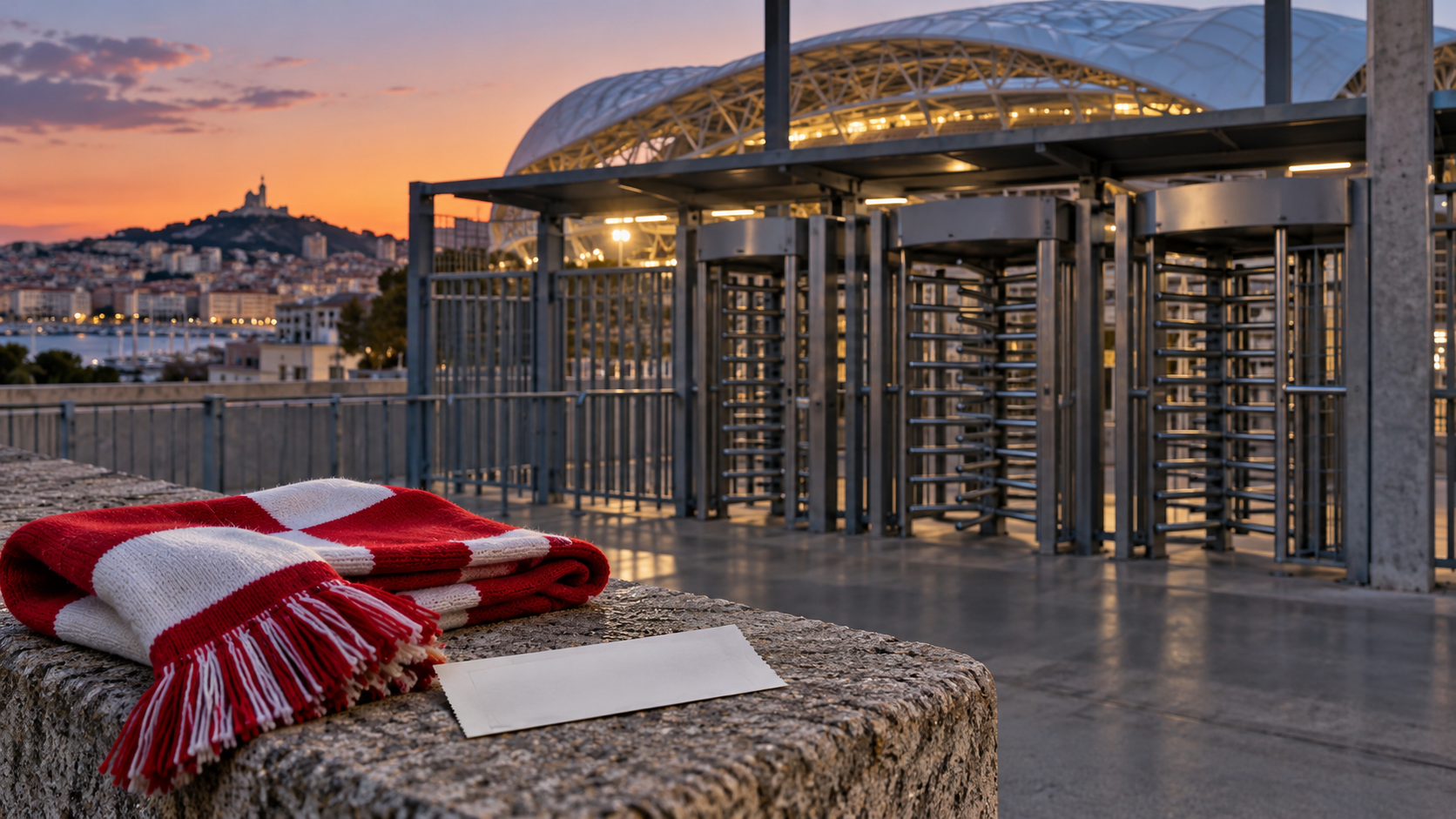 Closed stadium turnstiles with a red and white scarf and blank ticket