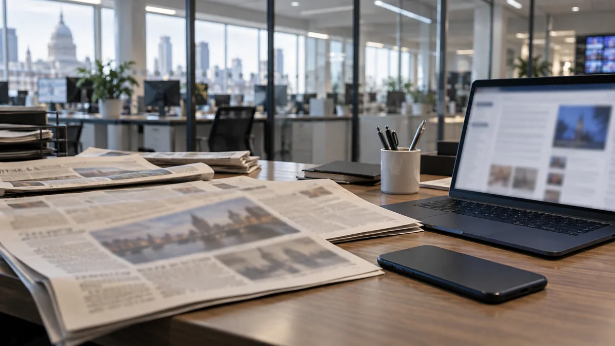 Newspapers, a laptop and a phone on a newsroom desk
