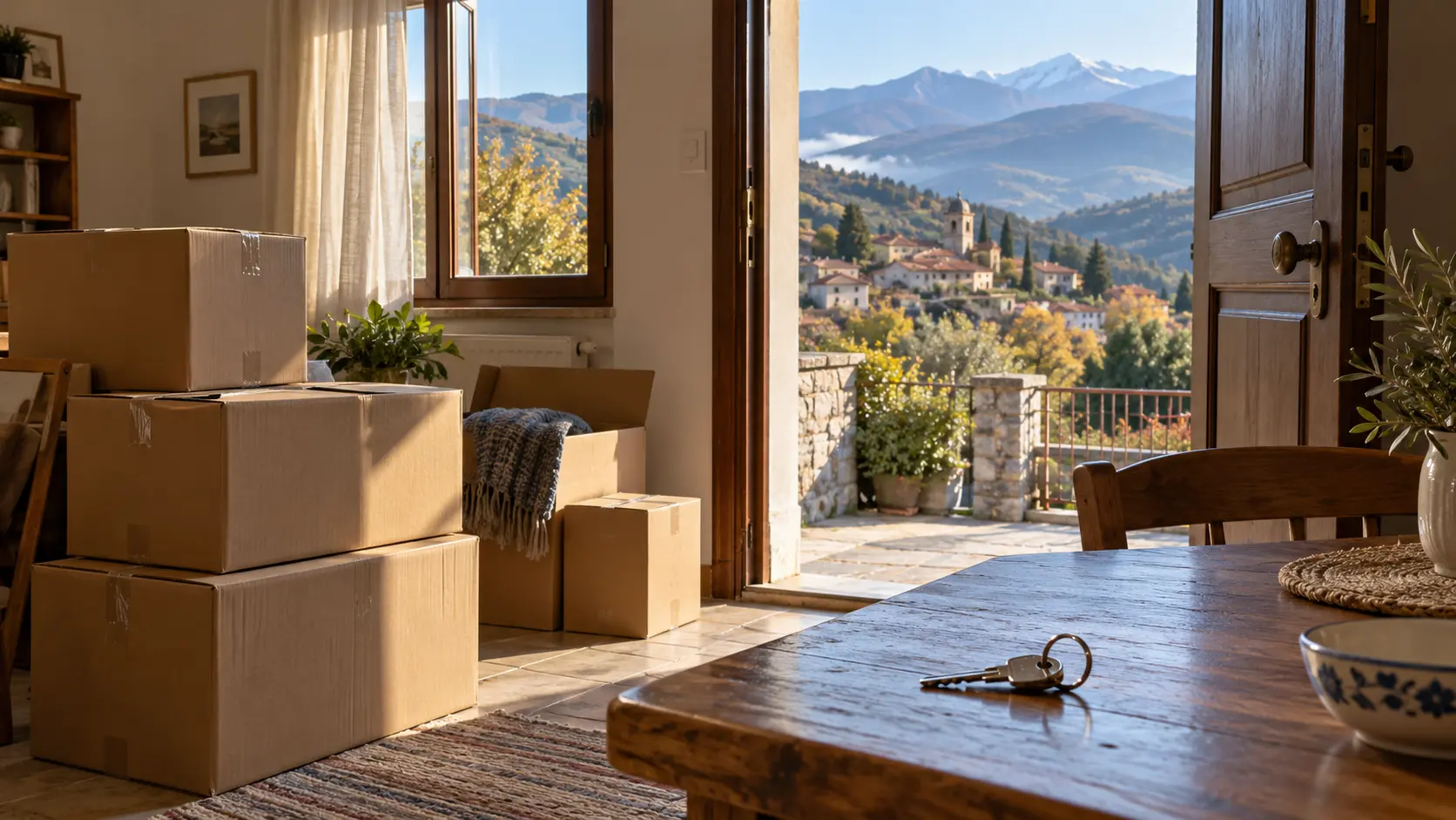 Moving boxes and house keys overlooking a mountain town in Greece