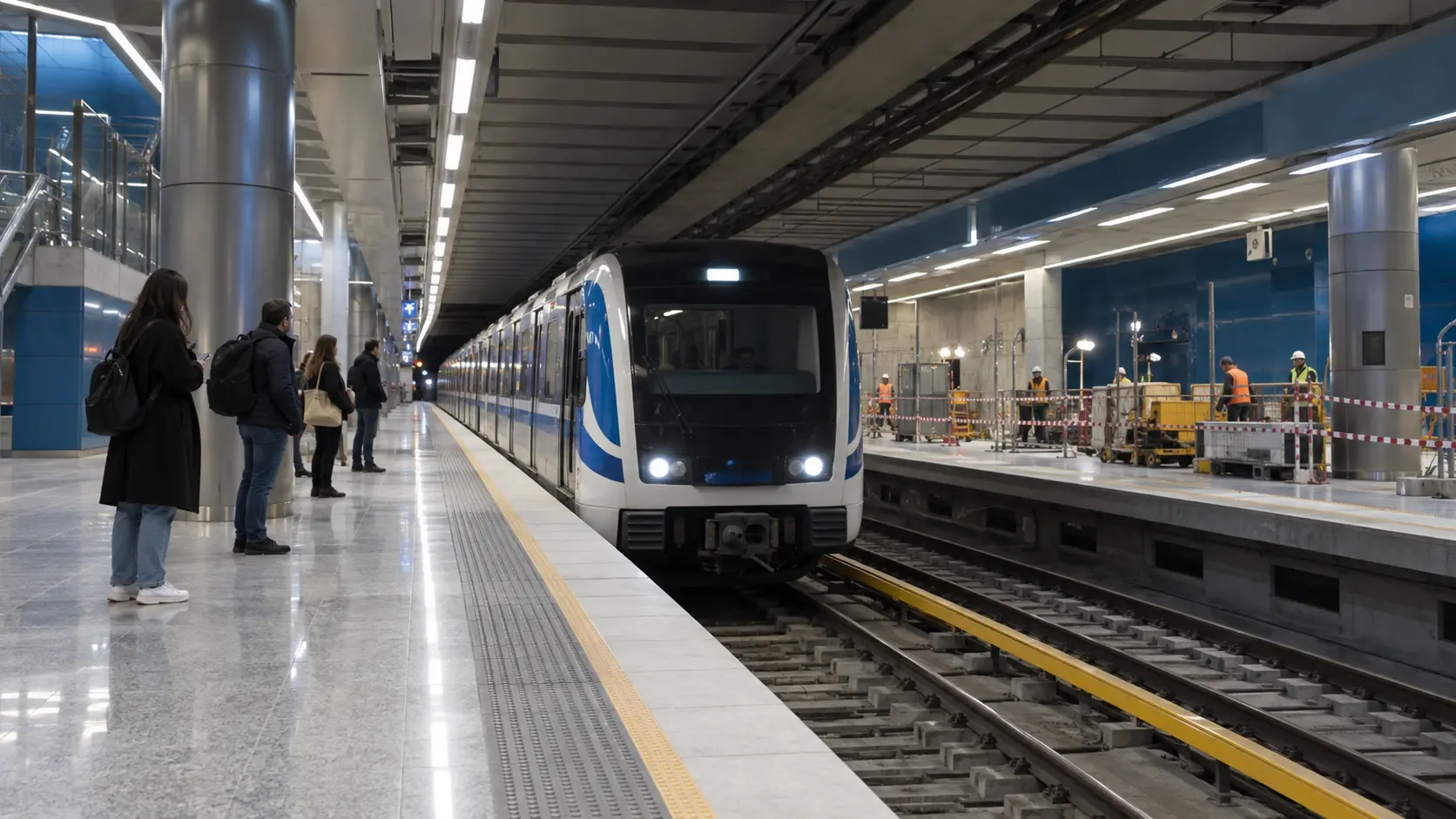 Metro train at an underground station with maintenance work on the opposite platform