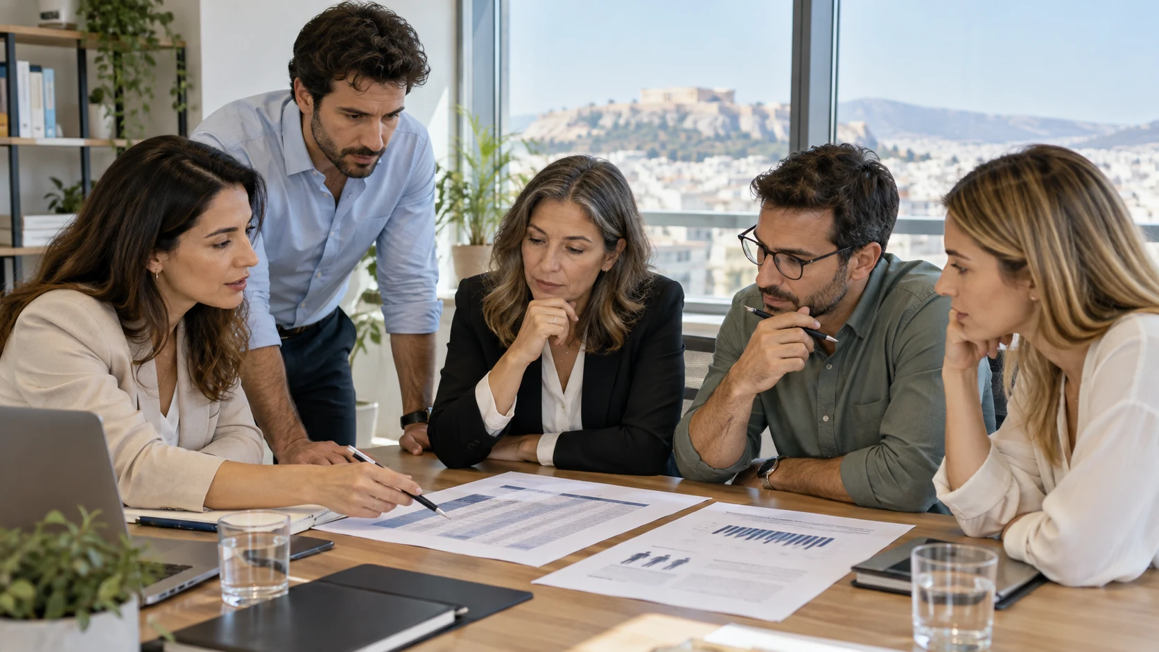 Women and men reviewing a salary-band table together in an office